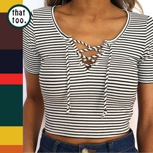 NWOT Black & white striped lace-up crop top
